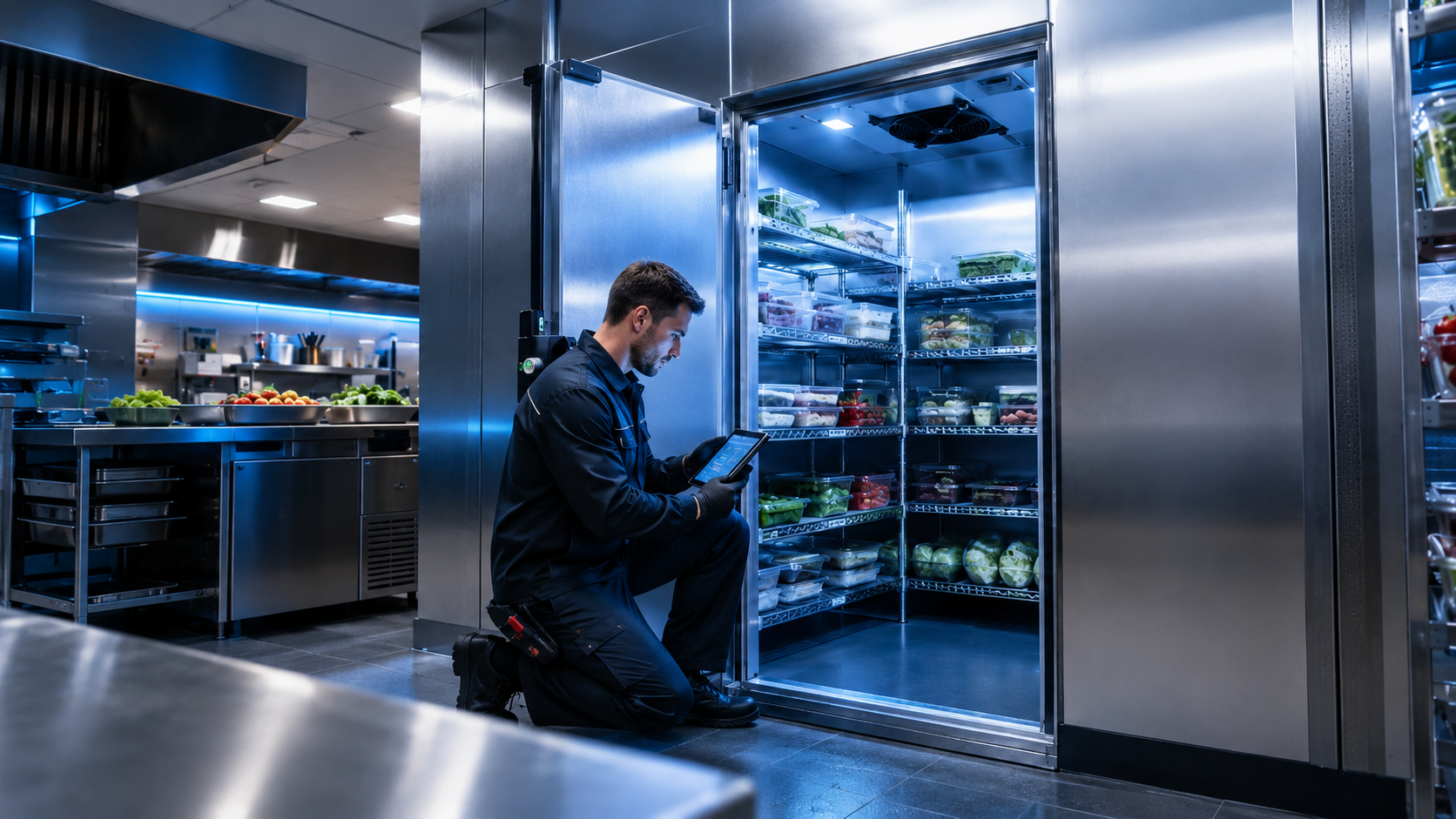 Professional technician checking commercial refrigeration equipment
